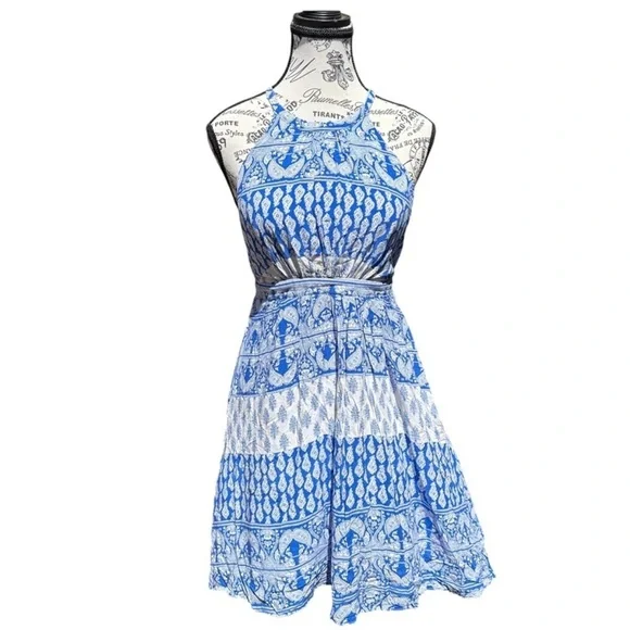 Lulus Blue and White Halter Dress Open Back - Picture 9 of 12